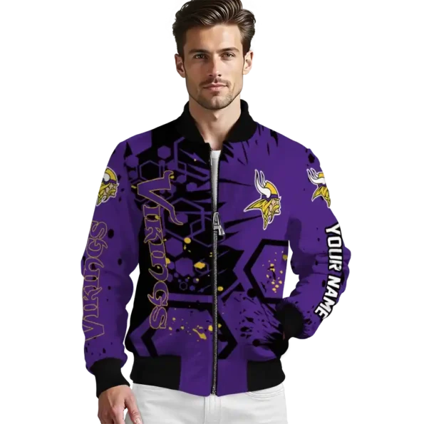personalized minnesota vikings hexagon cluster purple black bomber jacket high quality