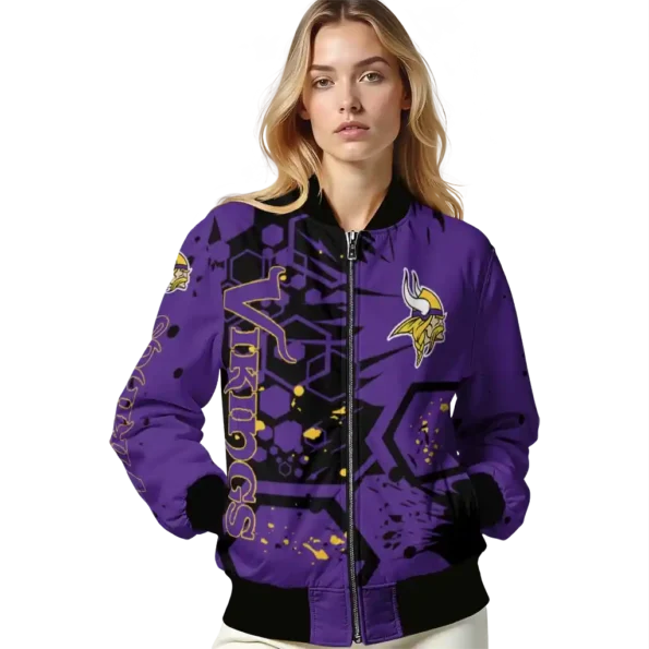 personalized minnesota vikings hexagon cluster purple black bomber jacket latest model