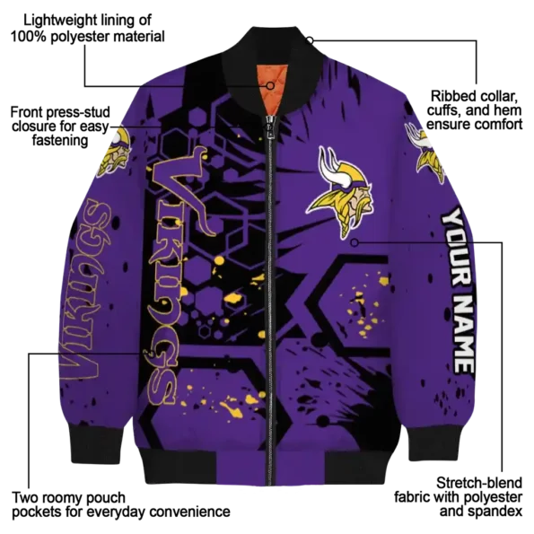 personalized minnesota vikings hexagon cluster purple black bomber jacket new arrival