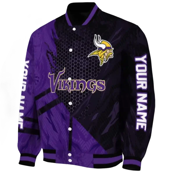 personalized minnesota vikings hexagon mesh purple black varsity jacket best selling