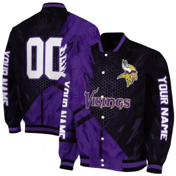 personalized minnesota vikings hexagon mesh purple black varsity jacket fashion forward