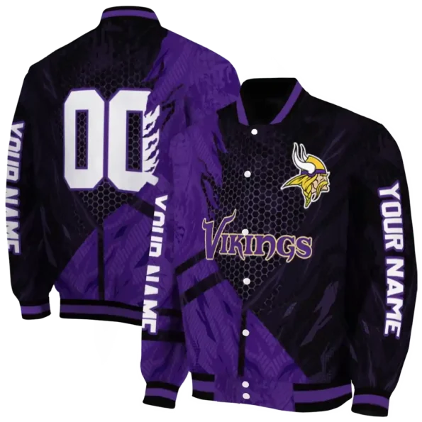 personalized minnesota vikings hexagon mesh purple black varsity jacket fashion forward