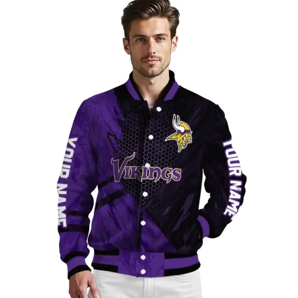 personalized minnesota vikings hexagon mesh purple black varsity jacket high quality