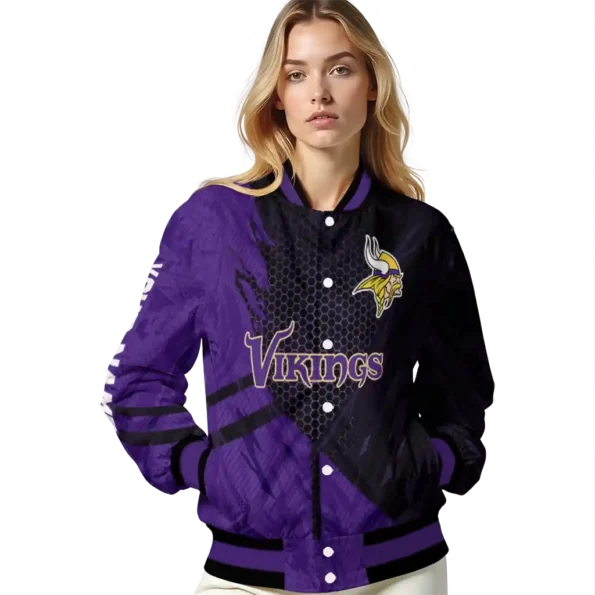 personalized minnesota vikings hexagon mesh purple black varsity jacket latest model