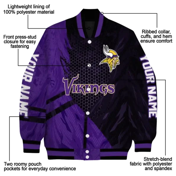 personalized minnesota vikings hexagon mesh purple black varsity jacket new arrival