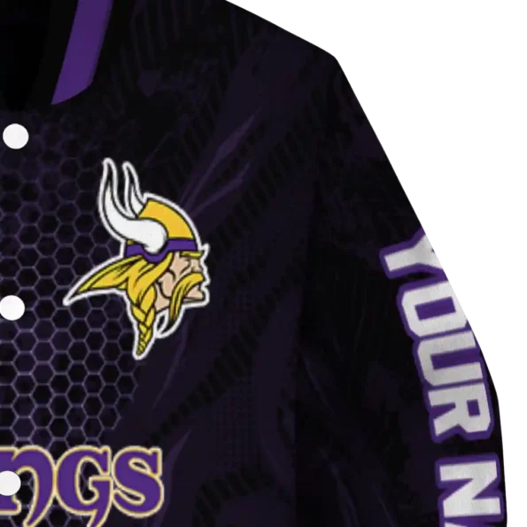 personalized minnesota vikings hexagon mesh purple black varsity jacket premium grade