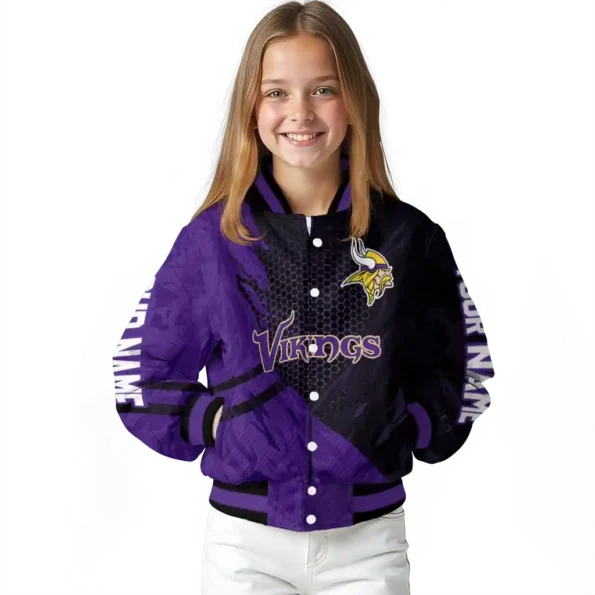 personalized minnesota vikings hexagon mesh purple black varsity jacket top rated