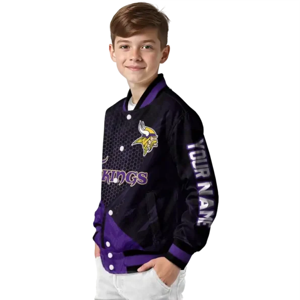 personalized minnesota vikings hexagon mesh purple black varsity jacket trendy