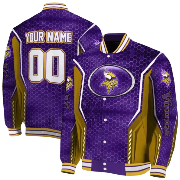 personalized minnesota vikings power plate purple varsity jacket fashion forward