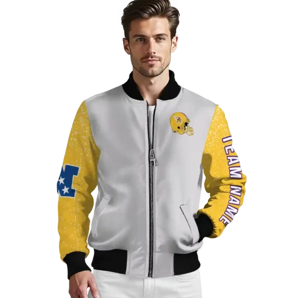 personalized minnesota vikings speckled arms purple gray bomber jacket high quality