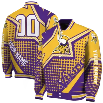 personalized minnesota vikings star burst purple varsity jacket fashion forward