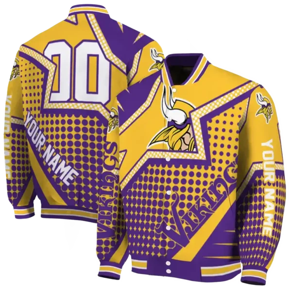 personalized minnesota vikings star burst purple varsity jacket fashion forward