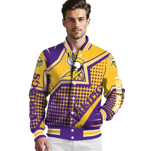 personalized minnesota vikings star burst purple varsity jacket high quality