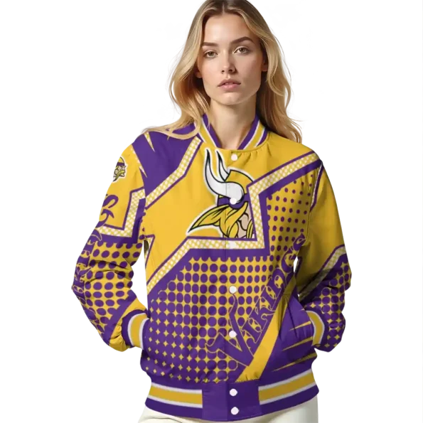 personalized minnesota vikings star burst purple varsity jacket latest model
