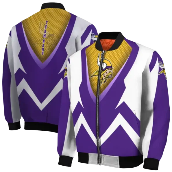 personalized minnesota vikings v stripes purple white bomber jacket fashion forward