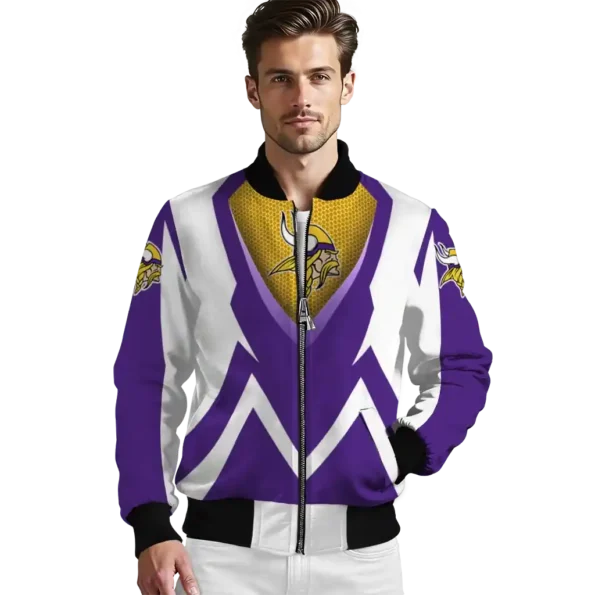 personalized minnesota vikings v stripes purple white bomber jacket high quality