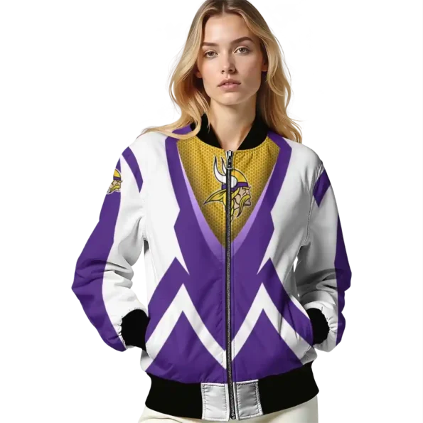 personalized minnesota vikings v stripes purple white bomber jacket latest model