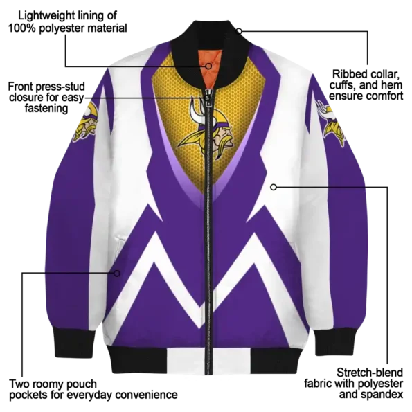 personalized minnesota vikings v stripes purple white bomber jacket new arrival