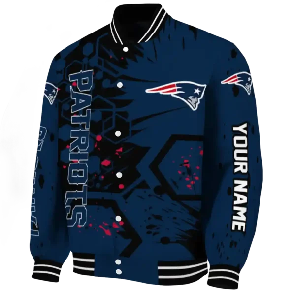 personalized new england patriots hexagon cluster blue black varsity jacket best selling