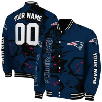 personalized new england patriots hexagon cluster blue black varsity jacket fashion forward