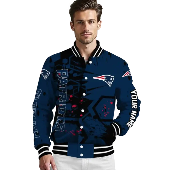 personalized new england patriots hexagon cluster blue black varsity jacket high quality
