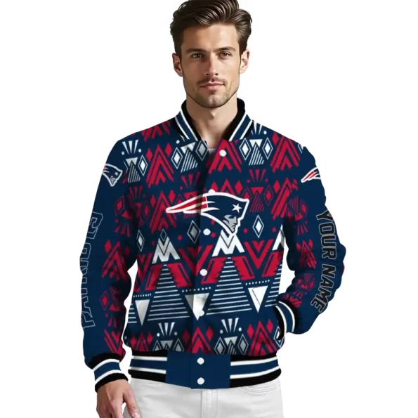 personalized new england patriots pyramid shapes blue varsity jacket high quality