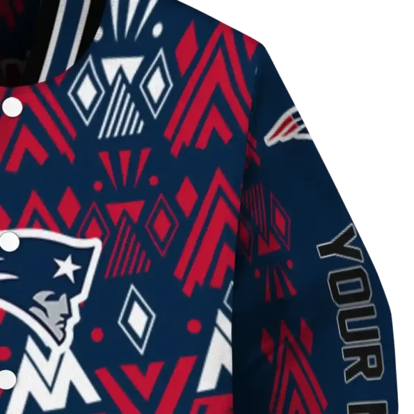 personalized new england patriots pyramid shapes blue varsity jacket premium grade