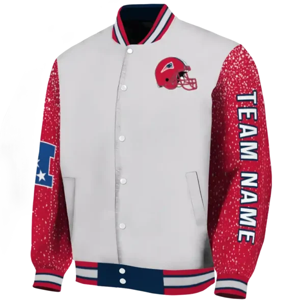 personalized new england patriots speckled arms blue gray varsity jacket best selling