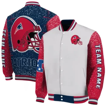 personalized new england patriots speckled arms blue gray varsity jacket fashion forward
