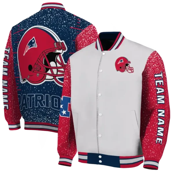 personalized new england patriots speckled arms blue gray varsity jacket fashion forward