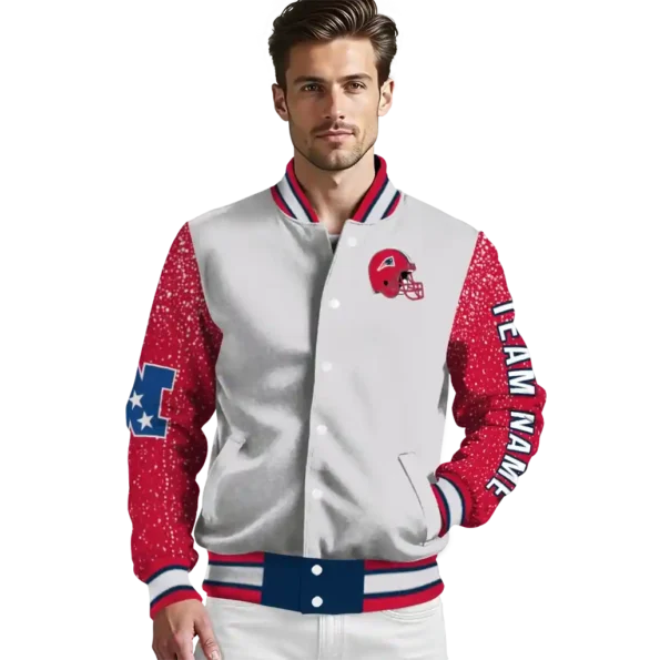 personalized new england patriots speckled arms blue gray varsity jacket high quality