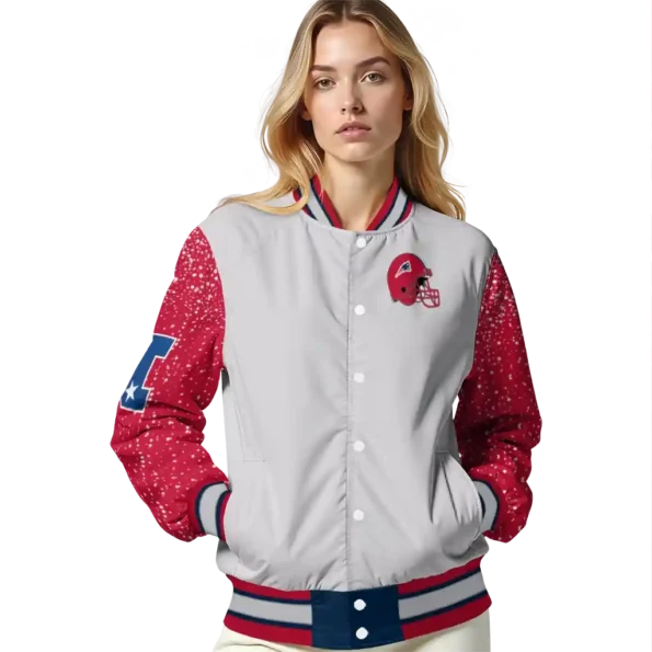 personalized new england patriots speckled arms blue gray varsity jacket latest model
