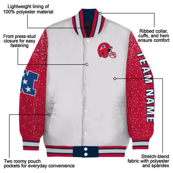 personalized new england patriots speckled arms blue gray varsity jacket new arrival