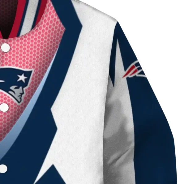 personalized new england patriots v stripes blue white varsity jacket premium grade