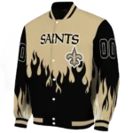 personalized new orleans saints flame border gold black varsity jacket best selling