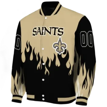 personalized new orleans saints flame border gold black varsity jacket best selling