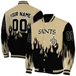 personalized new orleans saints flame border gold black varsity jacket best selling