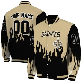 personalized new orleans saints flame border gold black varsity jacket fashion forward