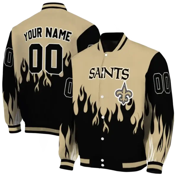 personalized new orleans saints flame border gold black varsity jacket fashion forward