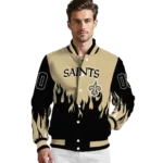 personalized new orleans saints flame border gold black varsity jacket best selling