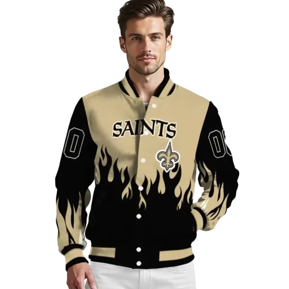 personalized new orleans saints flame border gold black varsity jacket high quality
