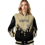 personalized new orleans saints flame border gold black varsity jacket best selling