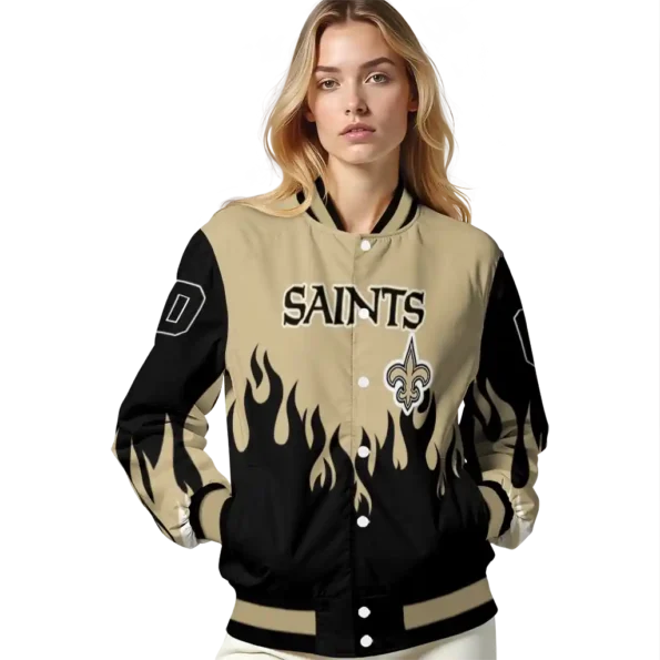 personalized new orleans saints flame border gold black varsity jacket latest model