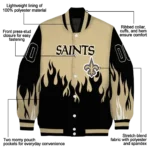 personalized new orleans saints flame border gold black varsity jacket best selling