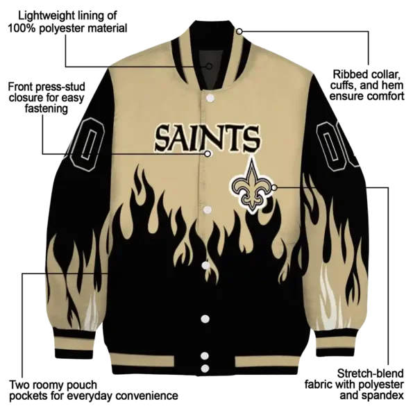personalized new orleans saints flame border gold black varsity jacket new arrival