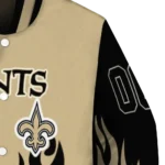 personalized new orleans saints flame border gold black varsity jacket best selling