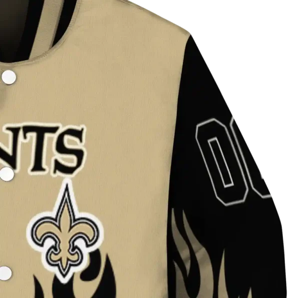 personalized new orleans saints flame border gold black varsity jacket premium grade