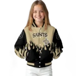 personalized new orleans saints flame border gold black varsity jacket best selling