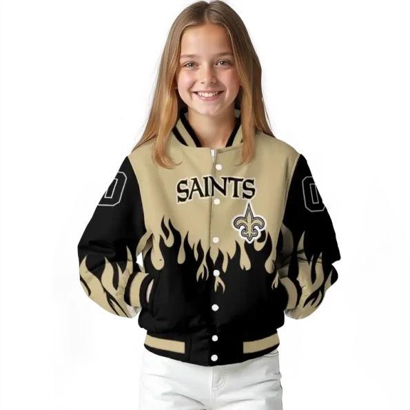 personalized new orleans saints flame border gold black varsity jacket top rated