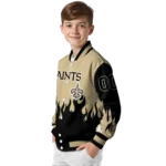 personalized new orleans saints flame border gold black varsity jacket best selling